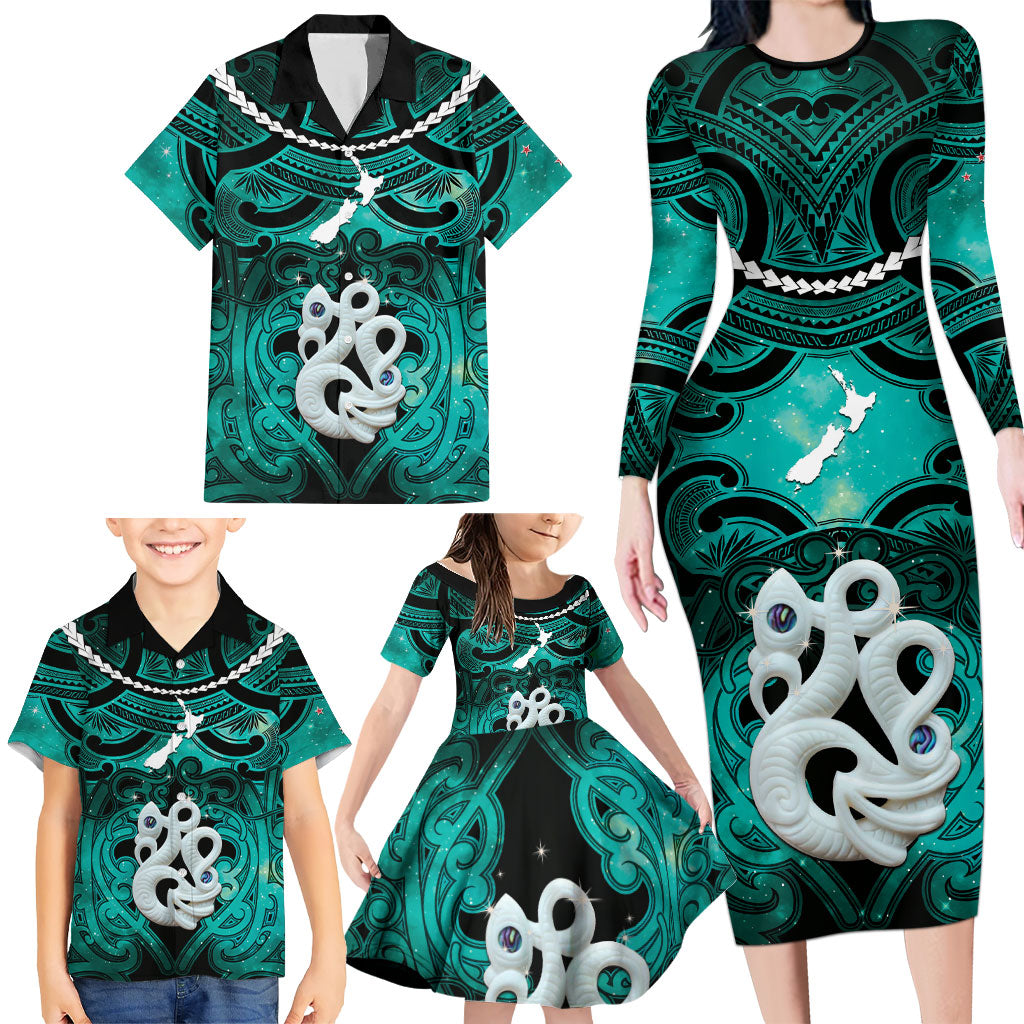 Personalised Maori Matariki Manaia Turquoise Family Matching Long Sleeve Bodycon Dress and Hawaiian Shirt Maori Kowhaiwhai Pattern Galaxy