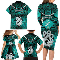 Personalised Maori Matariki Manaia Turquoise Family Matching Long Sleeve Bodycon Dress and Hawaiian Shirt Maori Kowhaiwhai Pattern Galaxy