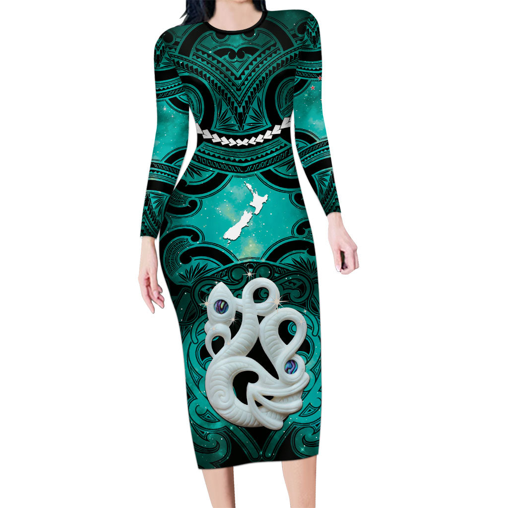 Personalised Maori Matariki Manaia Turquoise Family Matching Long Sleeve Bodycon Dress and Hawaiian Shirt Maori Kowhaiwhai Pattern Galaxy