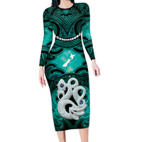 Personalised Maori Matariki Manaia Turquoise Family Matching Long Sleeve Bodycon Dress and Hawaiian Shirt Maori Kowhaiwhai Pattern Galaxy