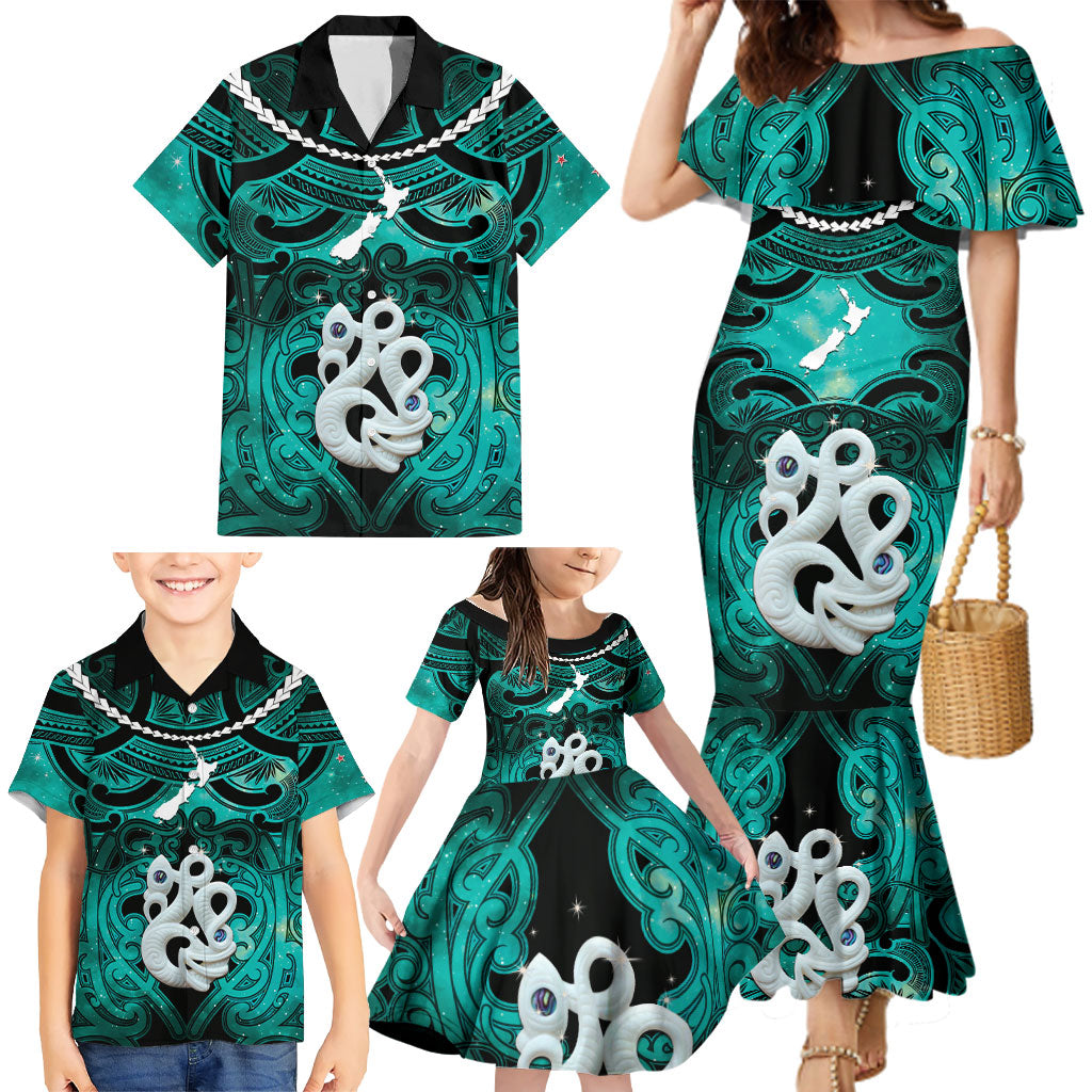Personalised Maori Matariki Manaia Turquoise Family Matching Mermaid Dress and Hawaiian Shirt Maori Kowhaiwhai Pattern Galaxy