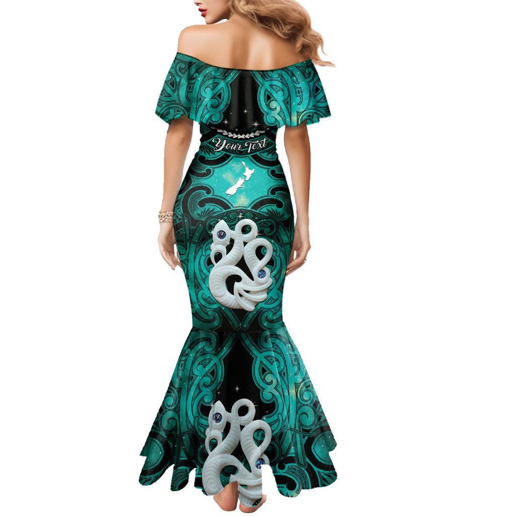 Personalised Maori Matariki Manaia Turquoise Family Matching Mermaid Dress and Hawaiian Shirt Maori Kowhaiwhai Pattern Galaxy