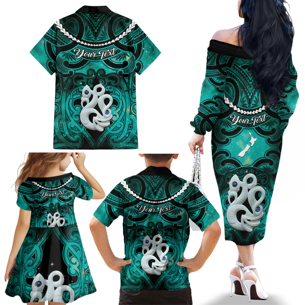 Personalised Maori Matariki Manaia Turquoise Family Matching Off The Shoulder Long Sleeve Dress and Hawaiian Shirt Maori Kowhaiwhai Pattern Galaxy