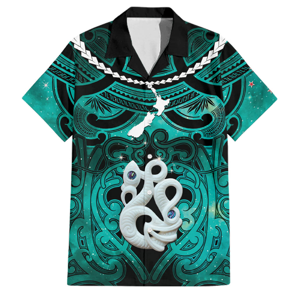 Personalised Maori Matariki Manaia Turquoise Family Matching Off The Shoulder Long Sleeve Dress and Hawaiian Shirt Maori Kowhaiwhai Pattern Galaxy