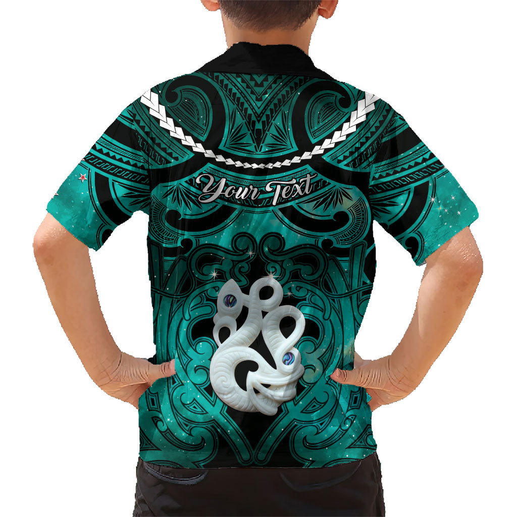 Personalised Maori Matariki Manaia Turquoise Family Matching Off Shoulder Maxi Dress and Hawaiian Shirt Maori Kowhaiwhai Pattern Galaxy