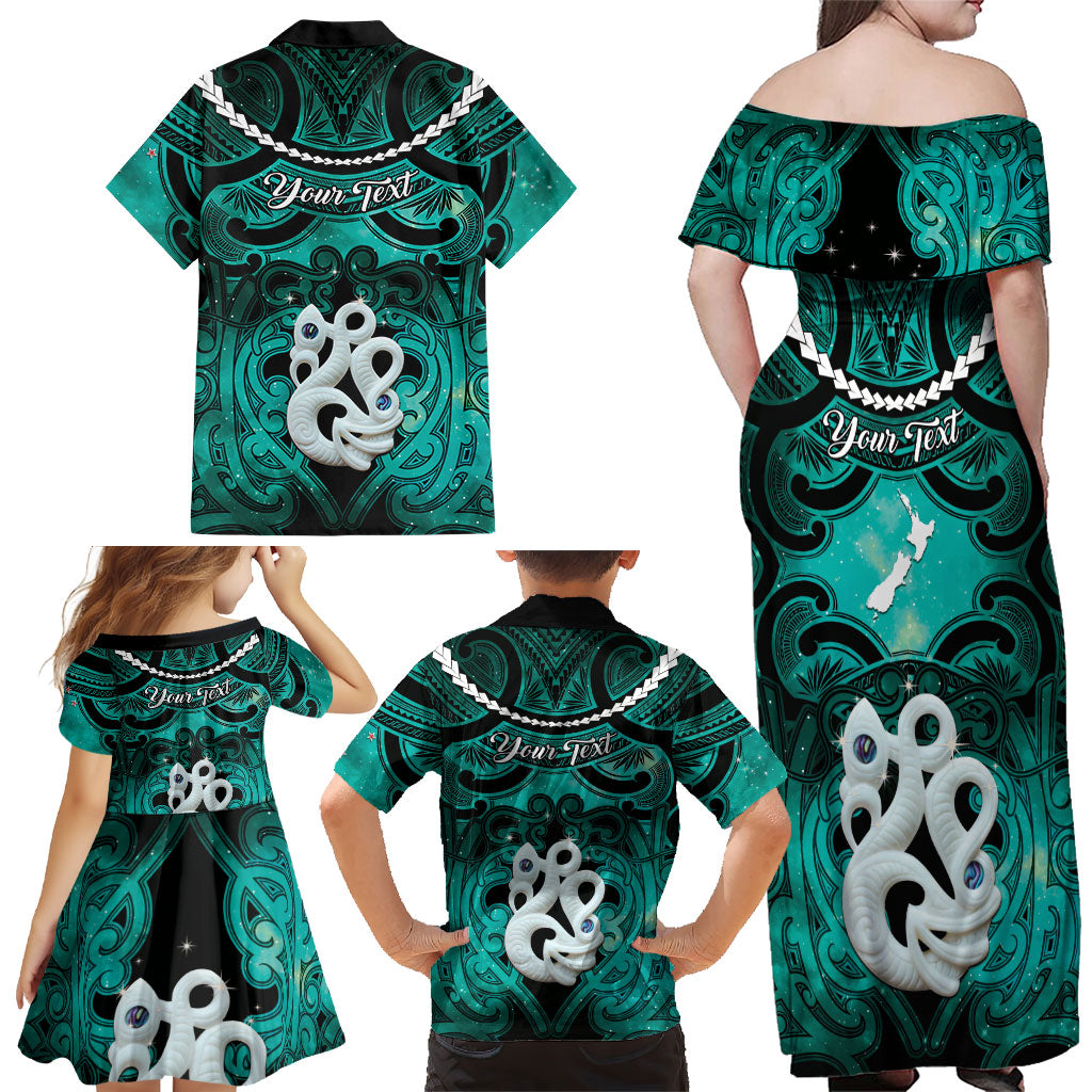 Personalised Maori Matariki Manaia Turquoise Family Matching Off Shoulder Maxi Dress and Hawaiian Shirt Maori Kowhaiwhai Pattern Galaxy