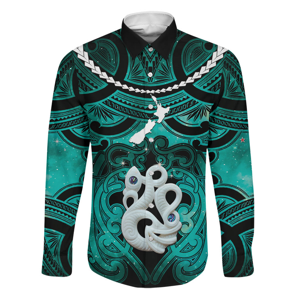 Personalised Maori Matariki Manaia Turquoise Family Matching Off Shoulder Maxi Dress and Hawaiian Shirt Maori Kowhaiwhai Pattern Galaxy