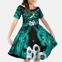 Personalised Maori Matariki Manaia Turquoise Family Matching Off Shoulder Short Dress and Hawaiian Shirt Maori Kowhaiwhai Pattern Galaxy
