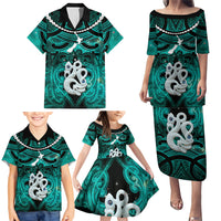 Personalised Maori Matariki Manaia Turquoise Family Matching Puletasi and Hawaiian Shirt Maori Kowhaiwhai Pattern Galaxy