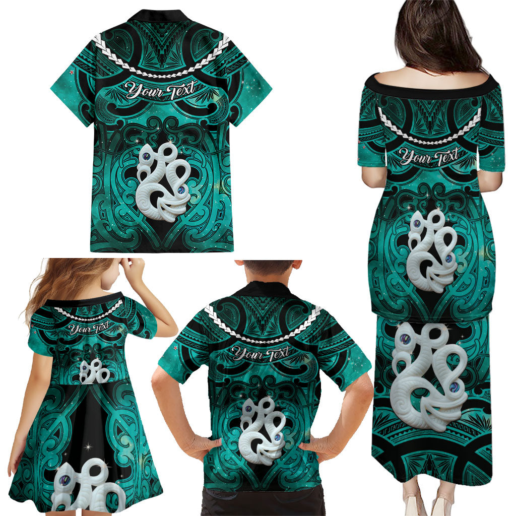 Personalised Maori Matariki Manaia Turquoise Family Matching Puletasi and Hawaiian Shirt Maori Kowhaiwhai Pattern Galaxy