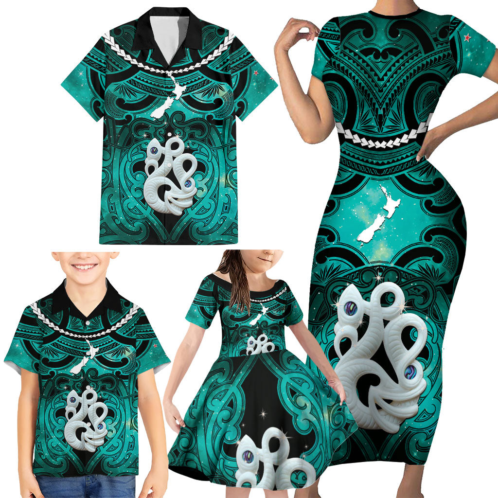 Personalised Maori Matariki Manaia Turquoise Family Matching Short Sleeve Bodycon Dress and Hawaiian Shirt Maori Kowhaiwhai Pattern Galaxy