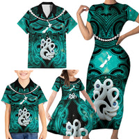 Personalised Maori Matariki Manaia Turquoise Family Matching Short Sleeve Bodycon Dress and Hawaiian Shirt Maori Kowhaiwhai Pattern Galaxy