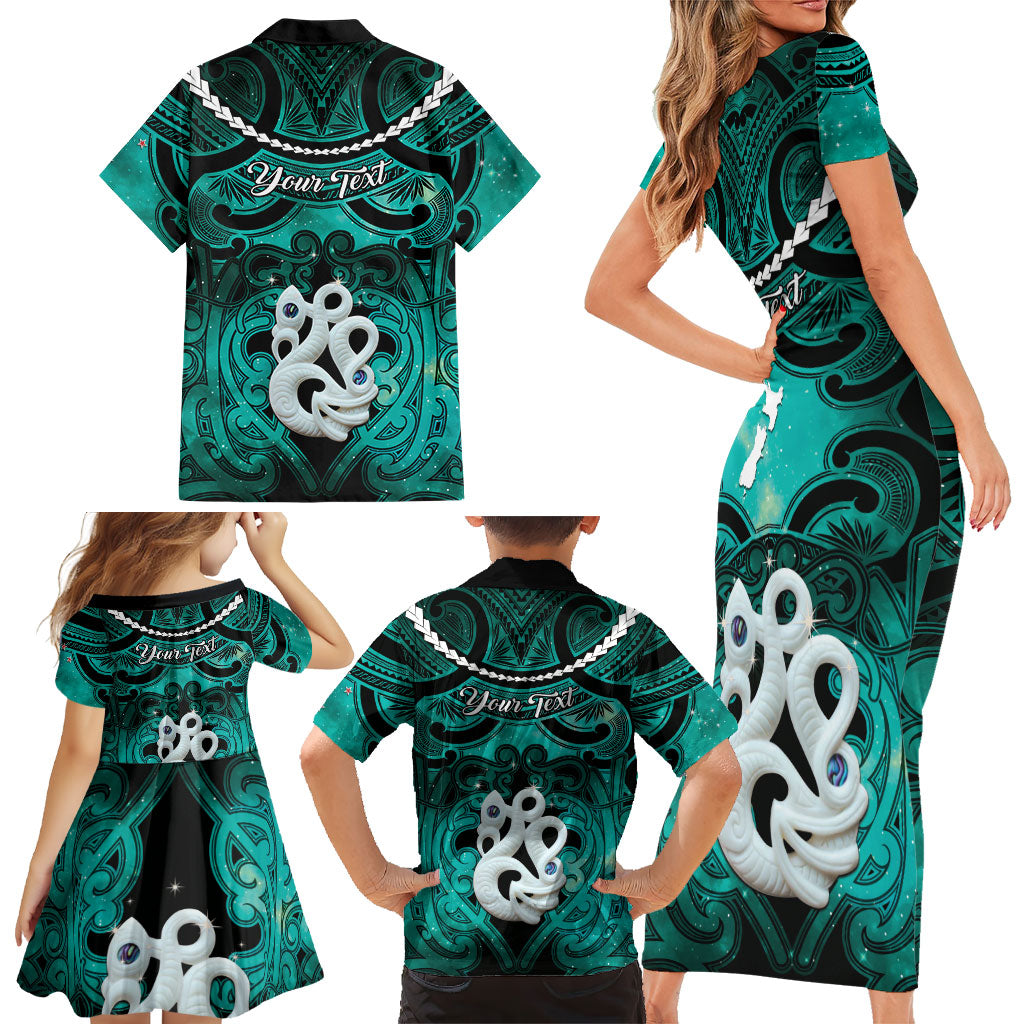 Personalised Maori Matariki Manaia Turquoise Family Matching Short Sleeve Bodycon Dress and Hawaiian Shirt Maori Kowhaiwhai Pattern Galaxy