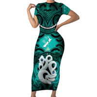 Personalised Maori Matariki Manaia Turquoise Family Matching Short Sleeve Bodycon Dress and Hawaiian Shirt Maori Kowhaiwhai Pattern Galaxy