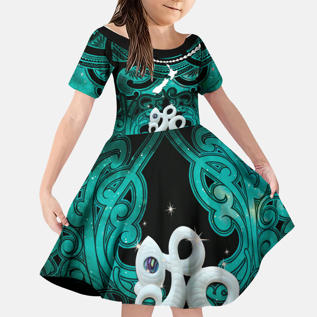 Personalised Maori Matariki Manaia Turquoise Family Matching Summer Maxi Dress and Hawaiian Shirt Maori Kowhaiwhai Pattern Galaxy