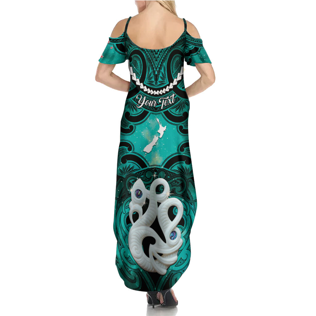 Personalised Maori Matariki Manaia Turquoise Family Matching Summer Maxi Dress and Hawaiian Shirt Maori Kowhaiwhai Pattern Galaxy