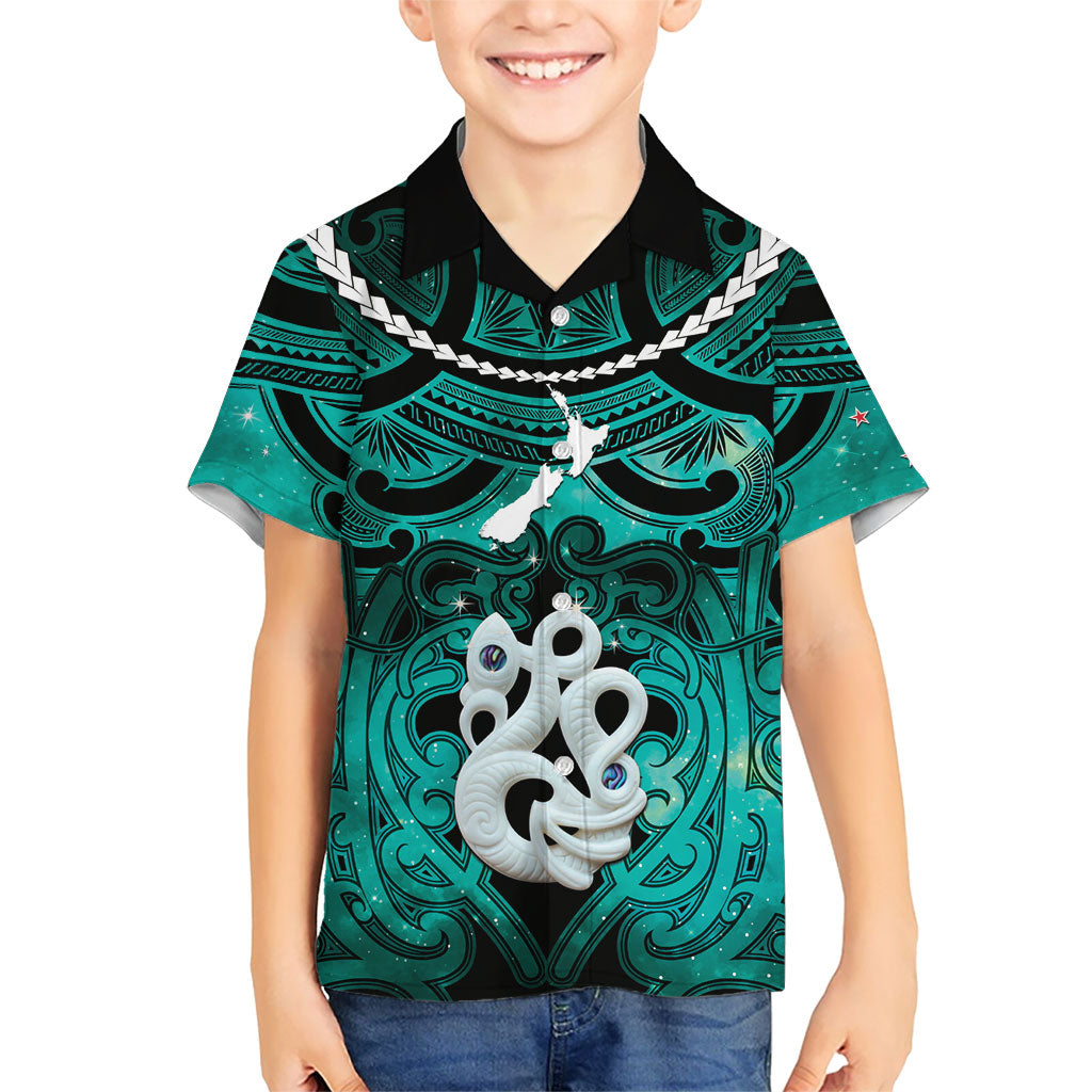 Personalised Maori Matariki Manaia Turquoise Family Matching Summer Maxi Dress and Hawaiian Shirt Maori Kowhaiwhai Pattern Galaxy