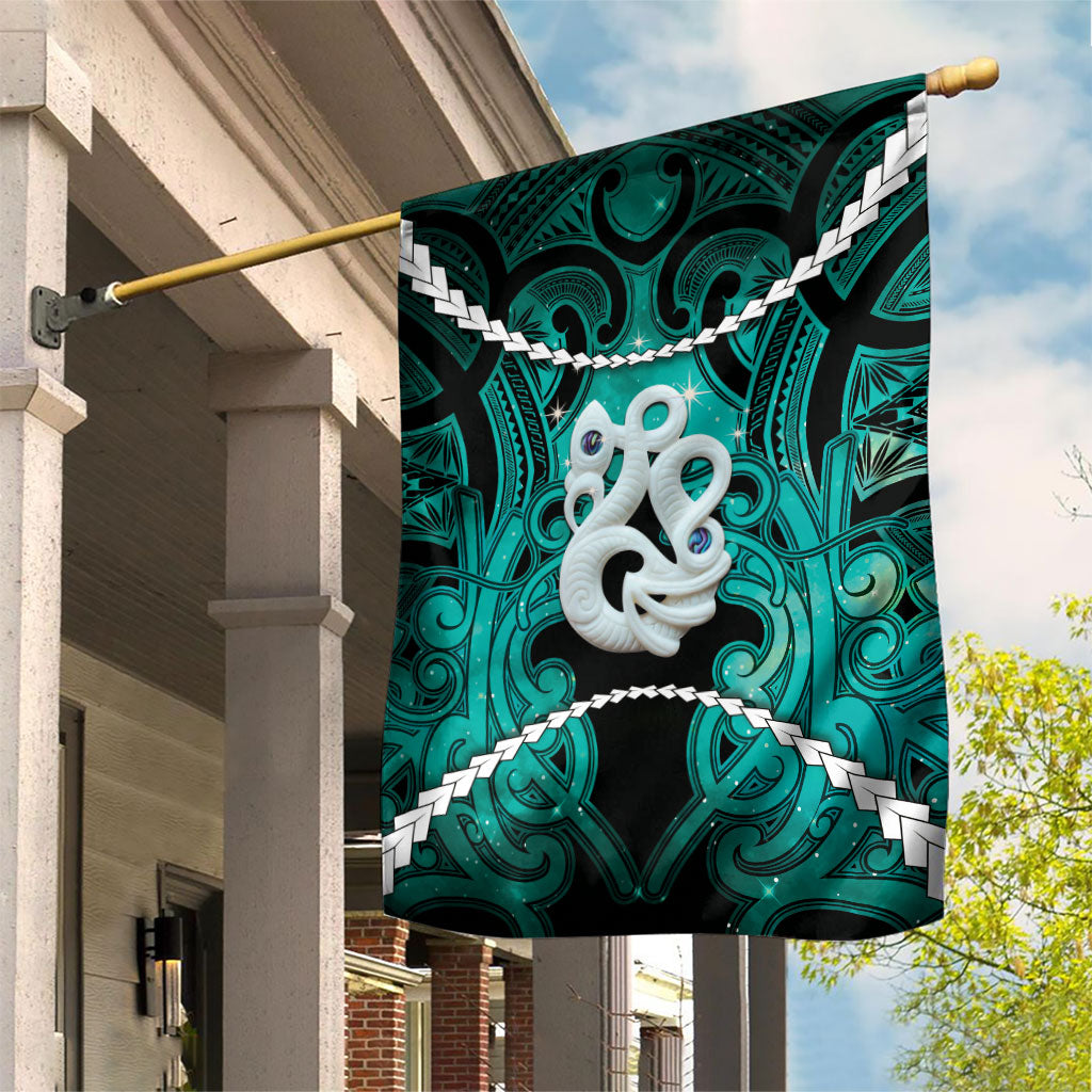 Maori Matariki Manaia Turquoise Garden Flag Maori Kowhaiwhai Pattern Galaxy