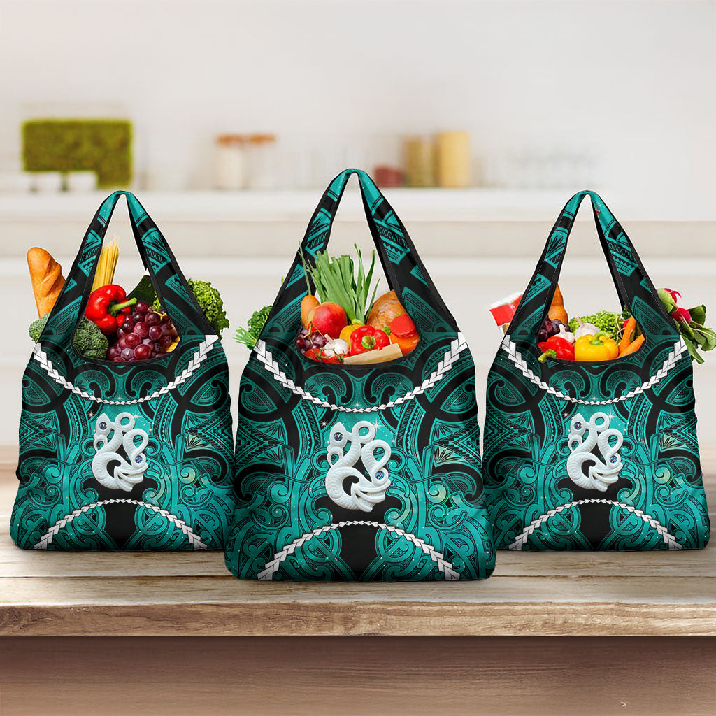 Maori Matariki Manaia Turquoise Grocery Bag Maori Kowhaiwhai Pattern Galaxy
