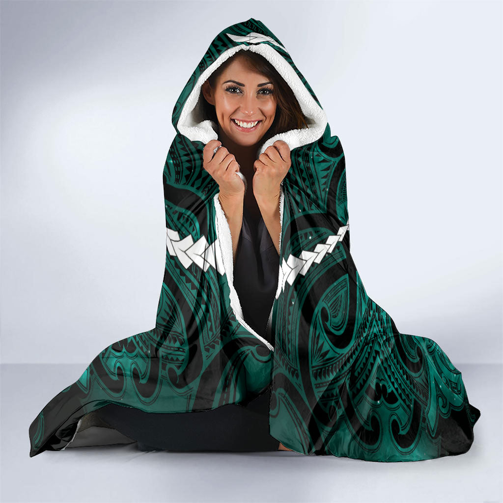 Maori Matariki Manaia Turquoise Hooded Blanket Maori Kowhaiwhai Pattern Galaxy