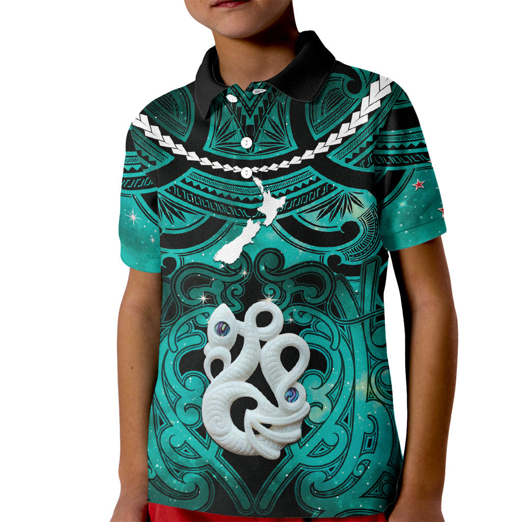 Personalised Maori Matariki Manaia Turquoise Kid Polo Shirt Maori Kowhaiwhai Pattern Galaxy