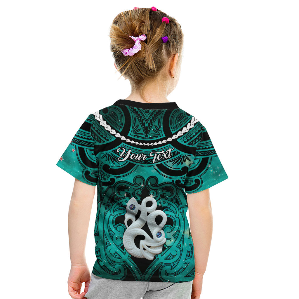 Personalised Maori Matariki Manaia Turquoise Kid T Shirt Maori Kowhaiwhai Pattern Galaxy