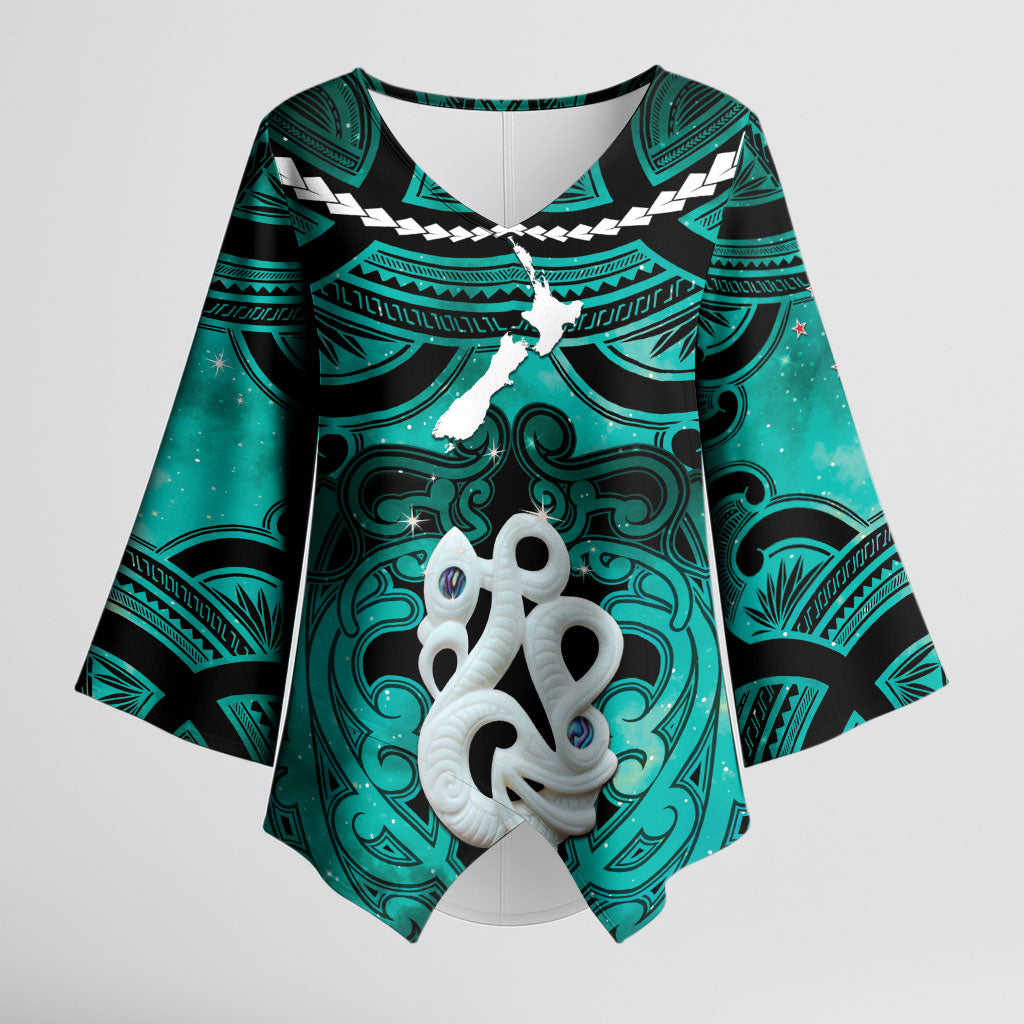 Personalised Maori Matariki Manaia Turquoise Kimono Sleeve Blouse Maori Kowhaiwhai Pattern Galaxy