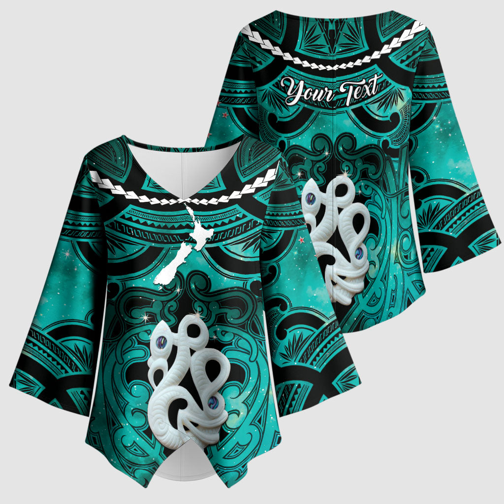 Personalised Maori Matariki Manaia Turquoise Kimono Sleeve Blouse Maori Kowhaiwhai Pattern Galaxy