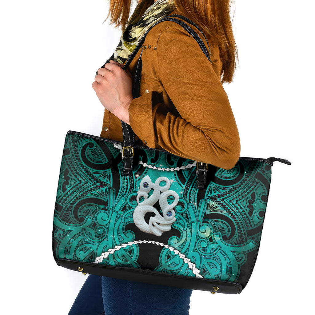 Maori Matariki Manaia Turquoise Leather Tote Bag Maori Kowhaiwhai Pattern Galaxy LT01 Turquoise - Polynesian Pride