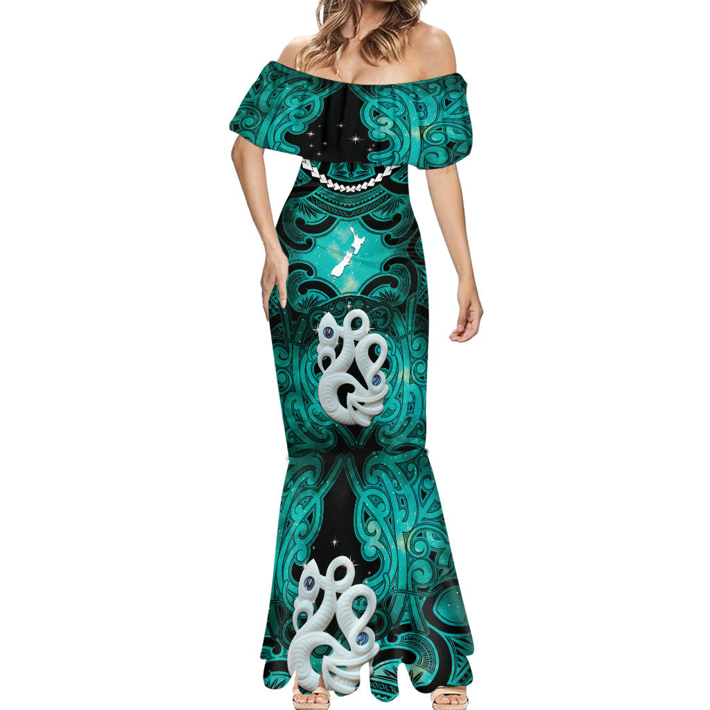 Personalised Maori Matariki Manaia Turquoise Mermaid Dress Maori Kowhaiwhai Pattern Galaxy