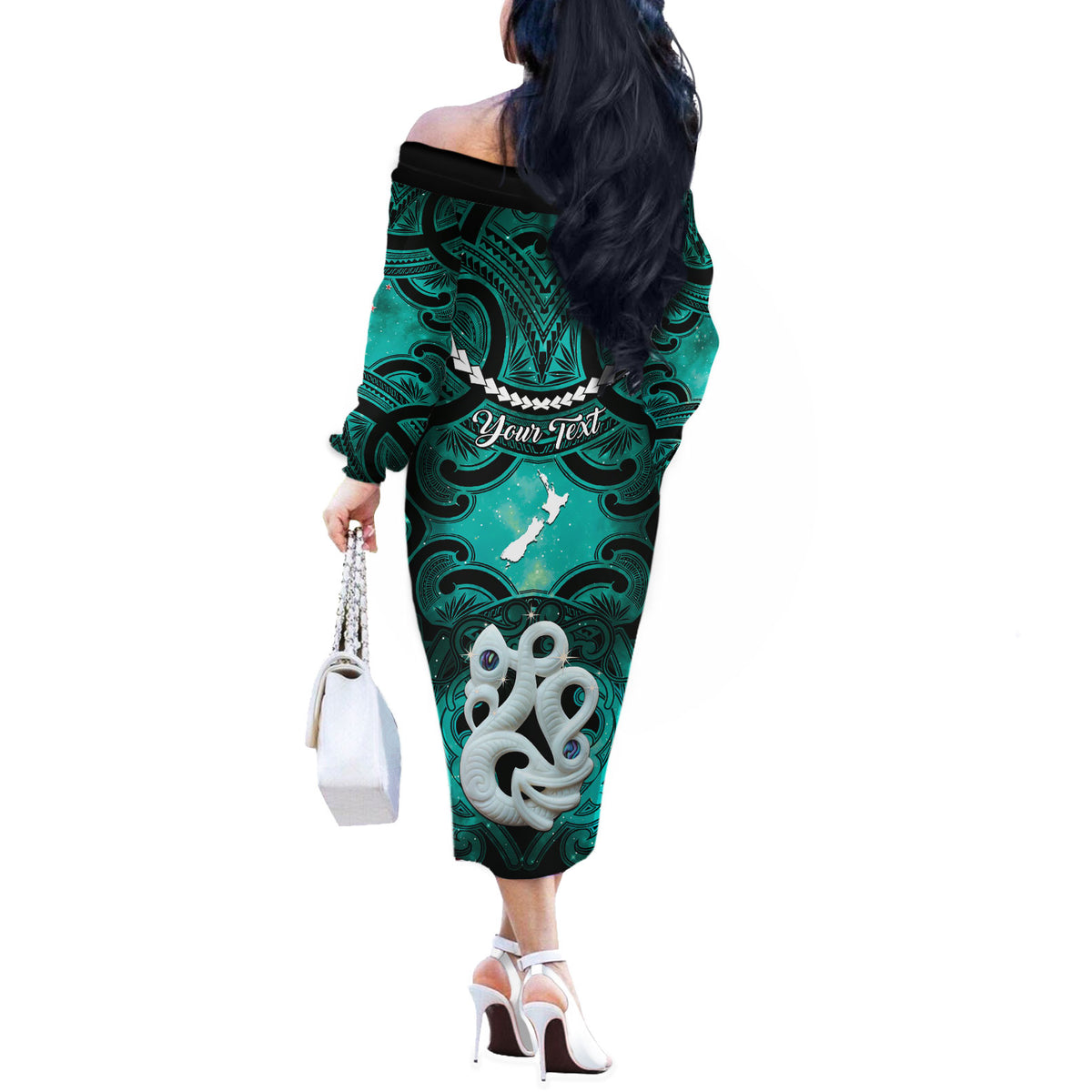 Personalised Maori Matariki Manaia Turquoise Off The Shoulder Long Sleeve Dress Maori Kowhaiwhai Pattern Galaxy LT01 - Polynesian Pride