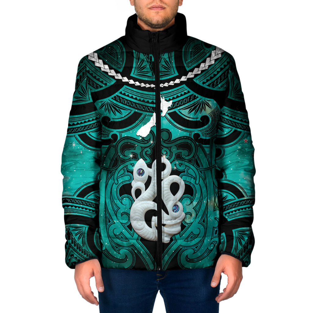 Personalised Maori Matariki Manaia Turquoise Padded Jacket Maori Kowhaiwhai Pattern Galaxy