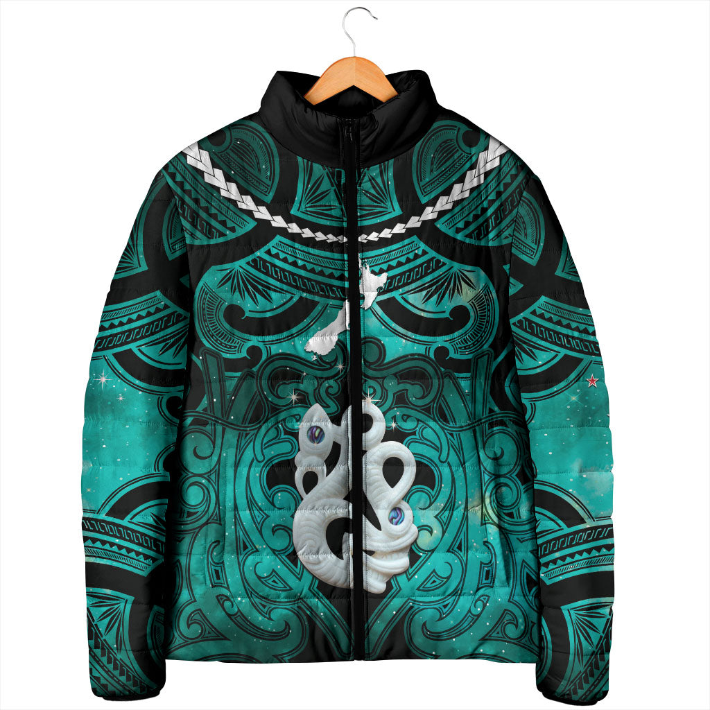 Personalised Maori Matariki Manaia Turquoise Padded Jacket Maori Kowhaiwhai Pattern Galaxy