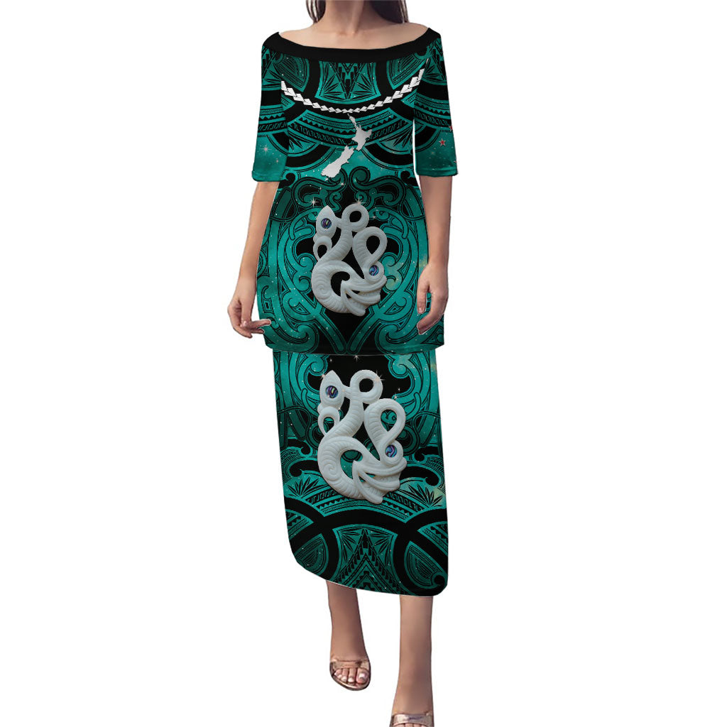 Personalised Maori Matariki Manaia Turquoise Puletasi Maori Kowhaiwhai Pattern Galaxy LT01 Long Dress Turquoise - Polynesian Pride