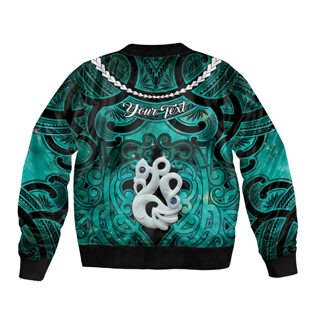 Personalised Maori Matariki Manaia Turquoise Sleeve Zip Bomber Jacket Maori Kowhaiwhai Pattern Galaxy