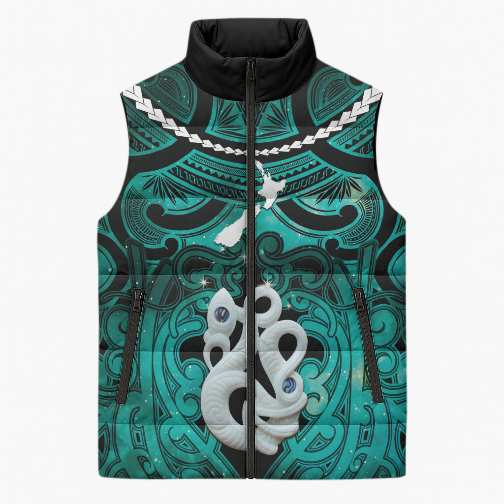 Personalised Maori Matariki Manaia Turquoise Sleeveless Puffer Jacket Maori Kowhaiwhai Pattern Galaxy