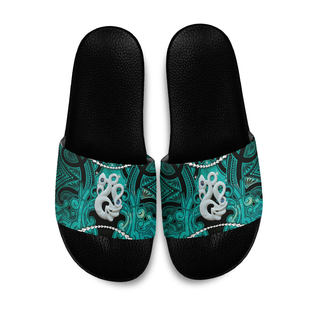 Maori Matariki Manaia Turquoise Slide Sandals Maori Kowhaiwhai Pattern Galaxy