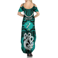 Personalised Maori Matariki Manaia Turquoise Summer Maxi Dress Maori Kowhaiwhai Pattern Galaxy