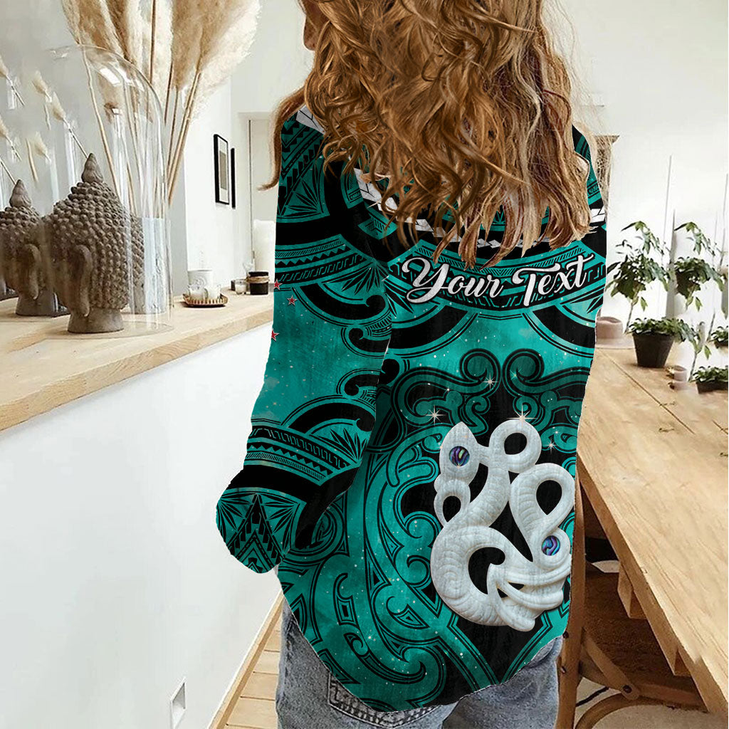 Personalised Maori Matariki Manaia Turquoise Women Casual Shirt Maori Kowhaiwhai Pattern Galaxy LT01 - Polynesian Pride