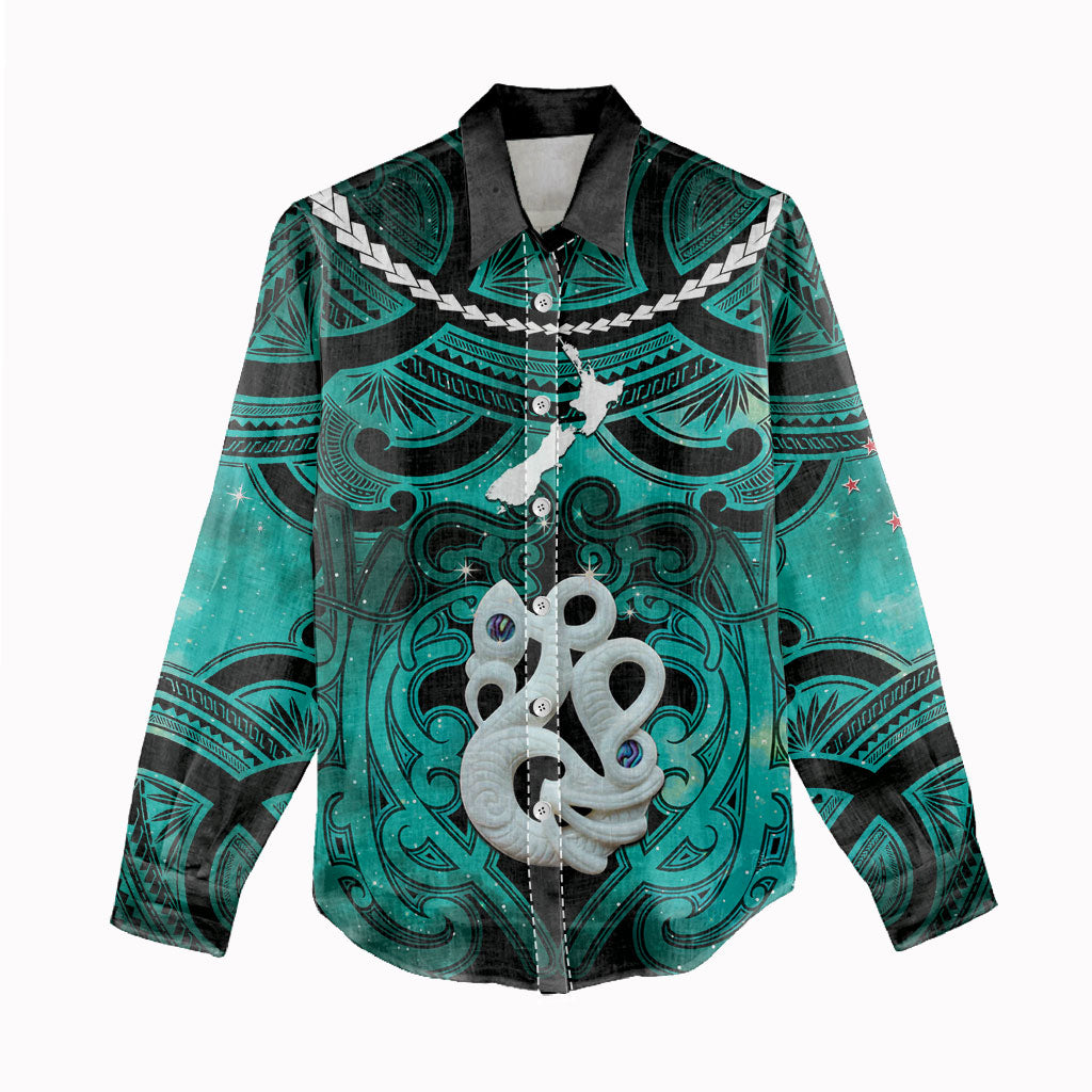 Personalised Maori Matariki Manaia Turquoise Women Casual Shirt Maori Kowhaiwhai Pattern Galaxy LT01 - Polynesian Pride