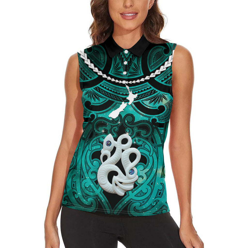 Personalised Maori Matariki Manaia Turquoise Women Sleeveless Polo Shirt Maori Kowhaiwhai Pattern Galaxy