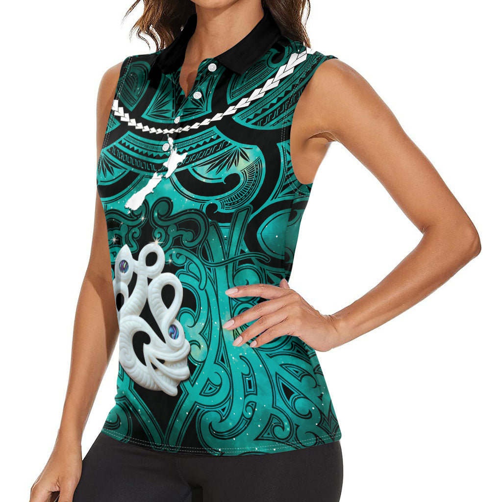 Personalised Maori Matariki Manaia Turquoise Women Sleeveless Polo Shirt Maori Kowhaiwhai Pattern Galaxy