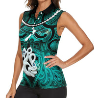 Personalised Maori Matariki Manaia Turquoise Women Sleeveless Polo Shirt Maori Kowhaiwhai Pattern Galaxy