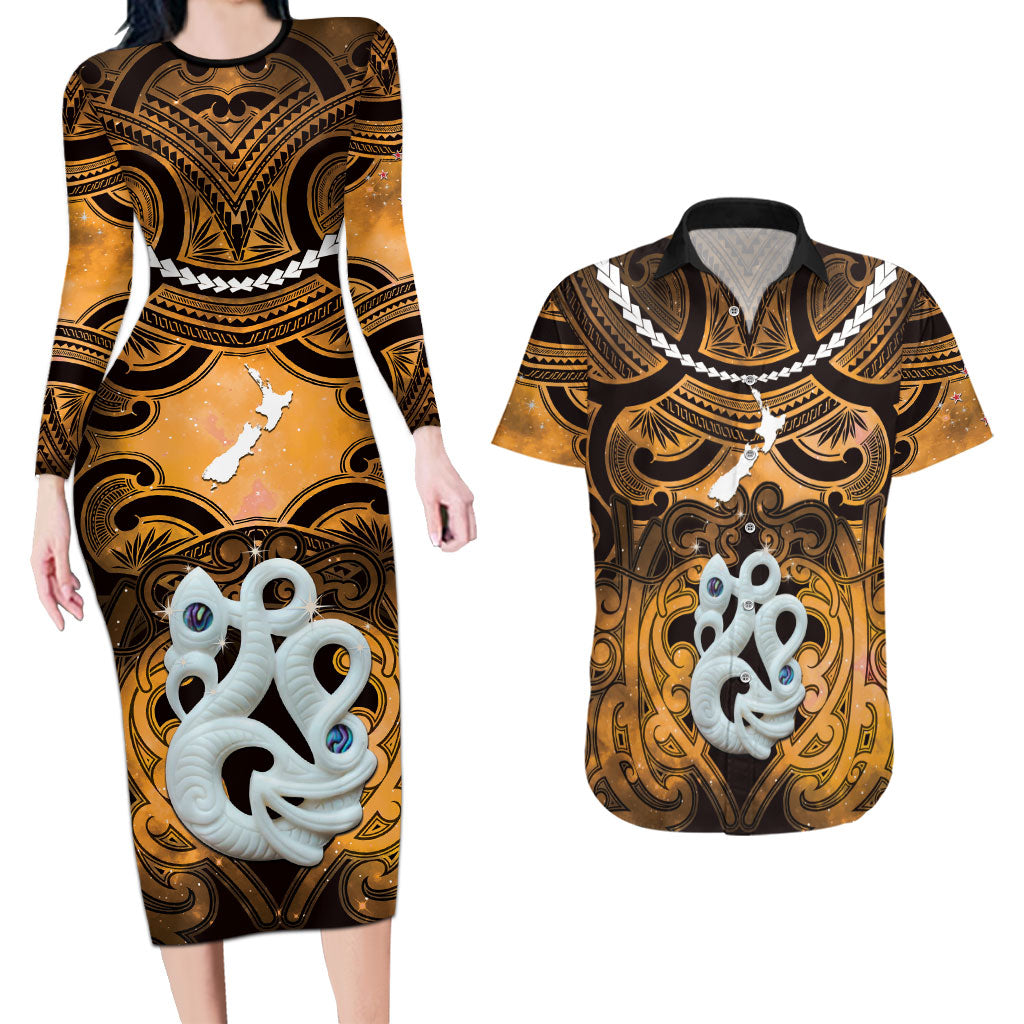 Personalised Maori Matariki Manaia Kowhai Couples Matching Long Sleeve Bodycon Dress and Hawaiian Shirt Maori Kowhaiwhai Pattern Galaxy