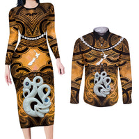 Personalised Maori Matariki Manaia Kowhai Couples Matching Long Sleeve Bodycon Dress and Long Sleeve Button Shirt Maori Kowhaiwhai Pattern Galaxy