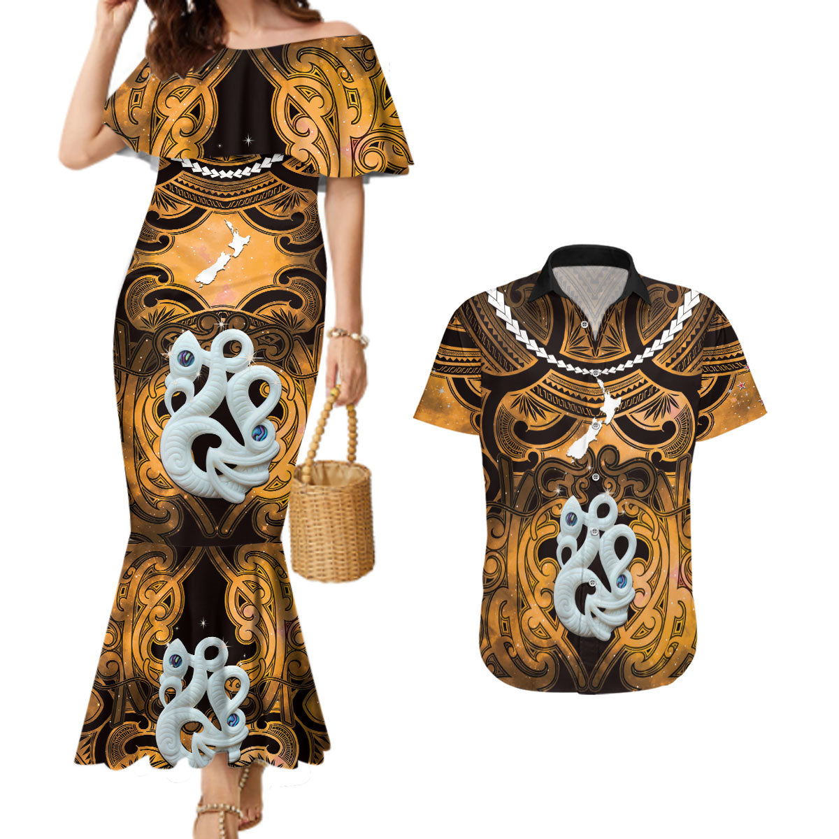 Personalised Maori Matariki Manaia Kowhai Couples Matching Mermaid Dress and Hawaiian Shirt Maori Kowhaiwhai Pattern Galaxy