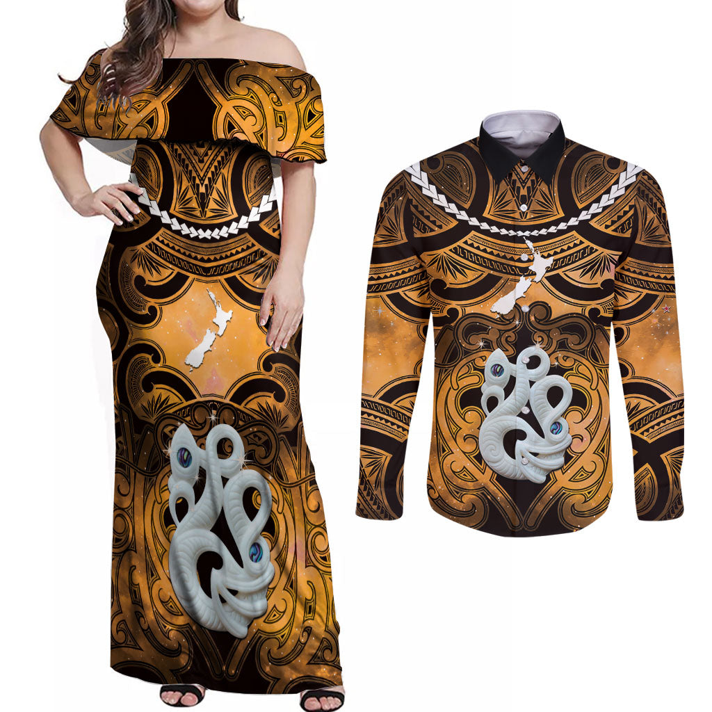Personalised Maori Matariki Manaia Kowhai Couples Matching Off Shoulder Maxi Dress and Long Sleeve Button Shirt Maori Kowhaiwhai Pattern Galaxy
