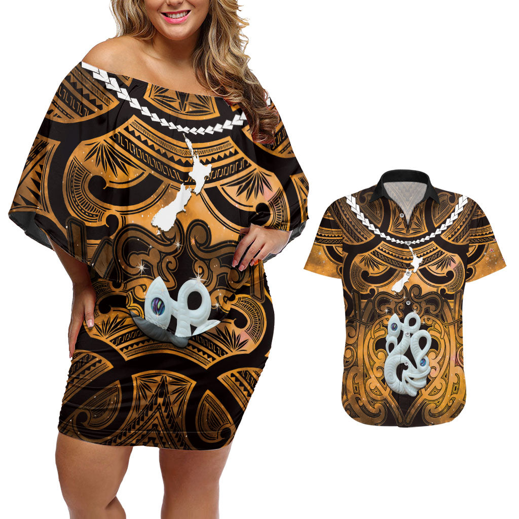 Personalised Maori Matariki Manaia Kowhai Couples Matching Off Shoulder Short Dress and Hawaiian Shirt Maori Kowhaiwhai Pattern Galaxy