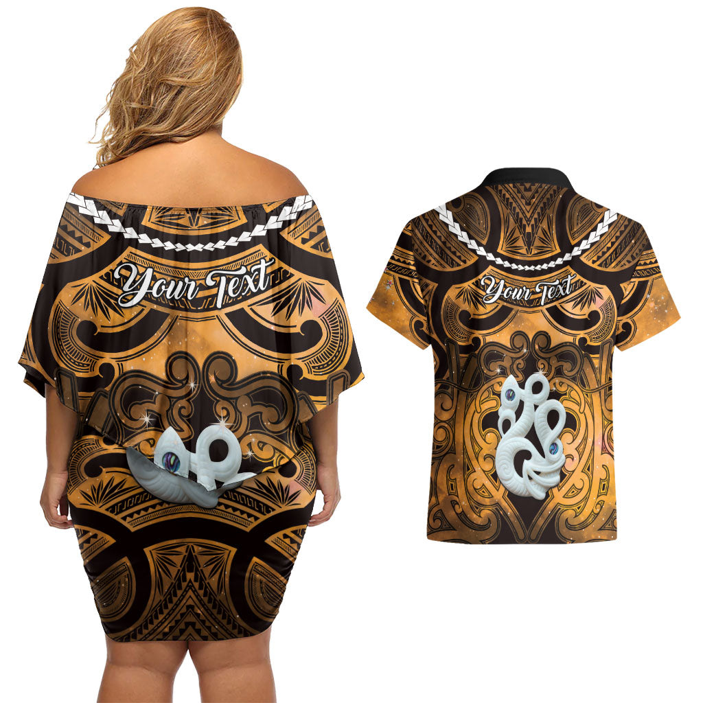 Personalised Maori Matariki Manaia Kowhai Couples Matching Off Shoulder Short Dress and Hawaiian Shirt Maori Kowhaiwhai Pattern Galaxy