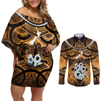 Personalised Maori Matariki Manaia Kowhai Couples Matching Off Shoulder Short Dress and Long Sleeve Button Shirt Maori Kowhaiwhai Pattern Galaxy